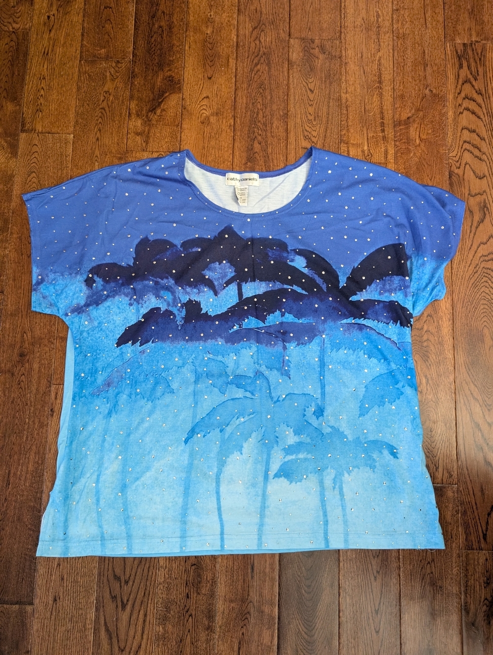 Cathy Daniels Blue Top Short Sleeve Shirt Palm Trees Sequins Size 1X EUC